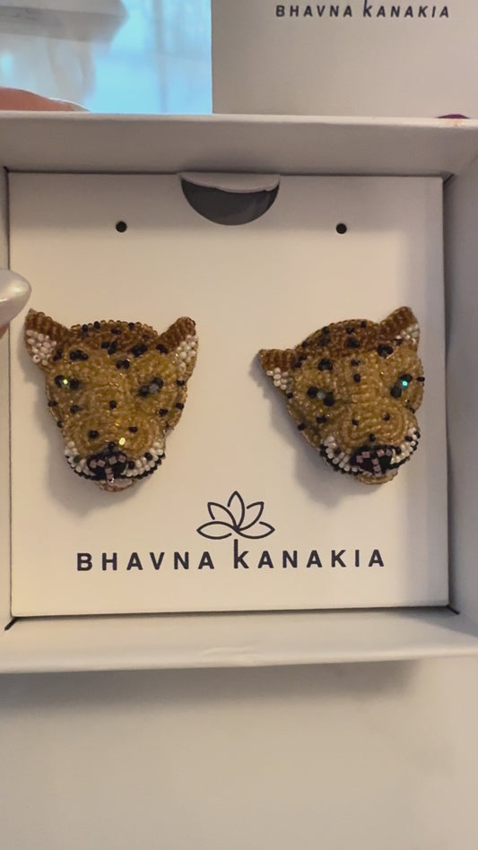 Beaded Jaguar Head Statement Earrings